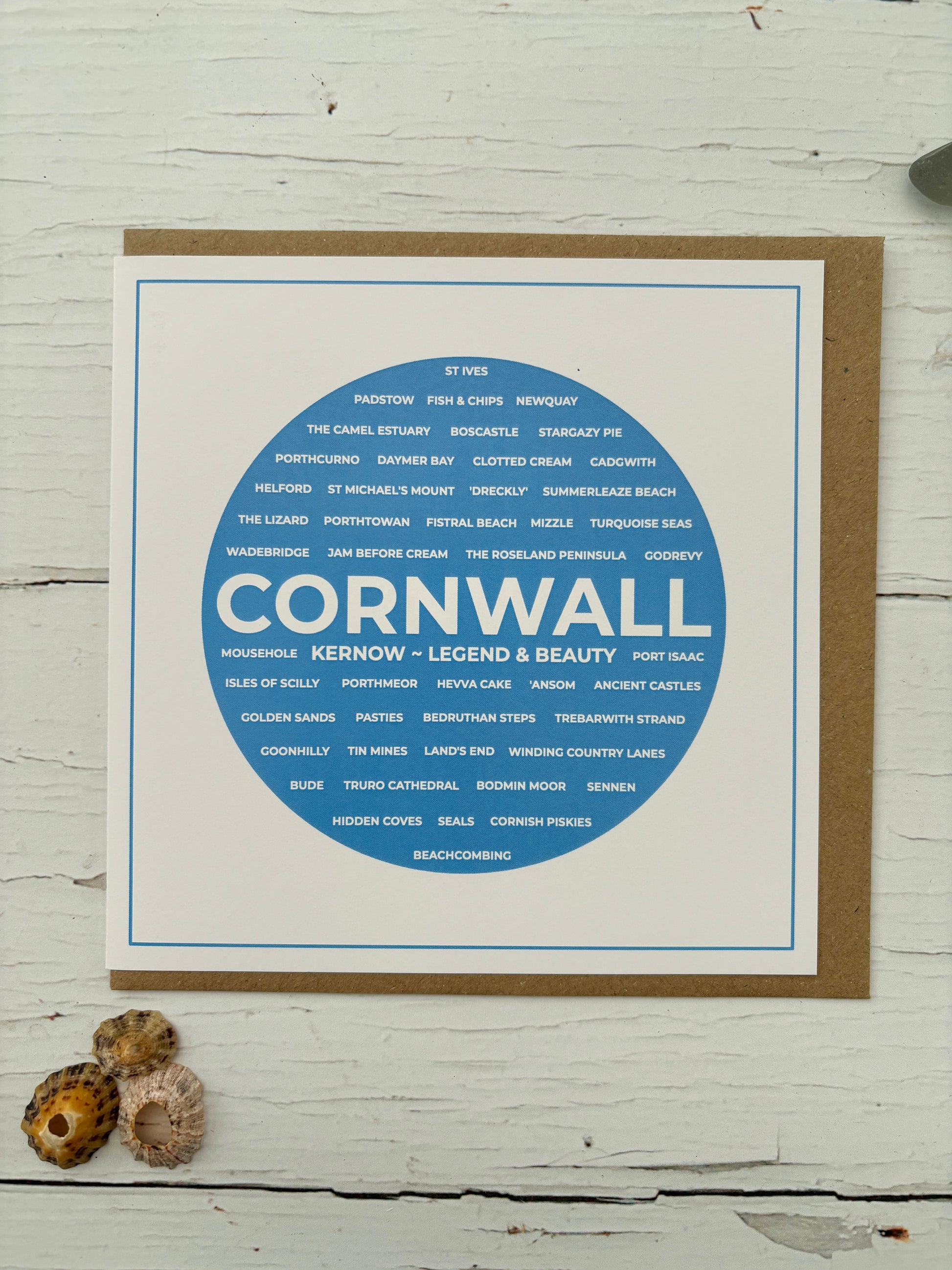 blue Cornwall text greetings card with key locations and landmarks unique UK travel souvenir or gift for a Cornish legend