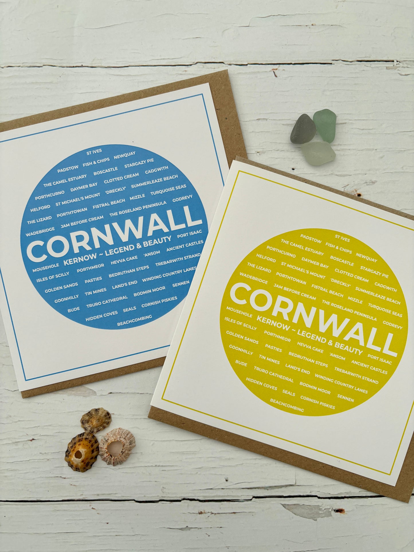 set of two Cornwall word-cloud greetings cards blue & yellow travel souvenir gifts with Cornish landmarks and Pasty