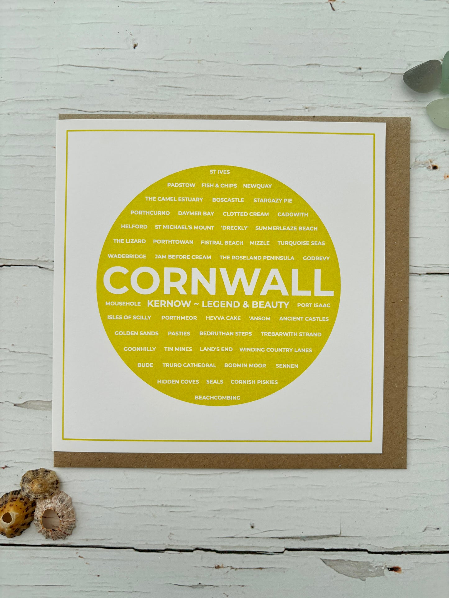 yellow Cornwall text greetings card with key locations Pasty, St Ives unique UK travel souvenir or gift for a Cornish legend