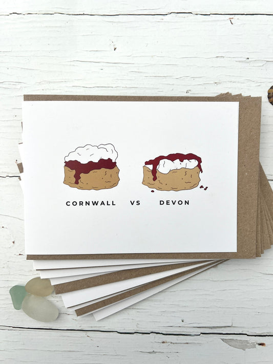 Cornwall vs Devon Cream Tea Greetings Card - Readymoney Beach Shop