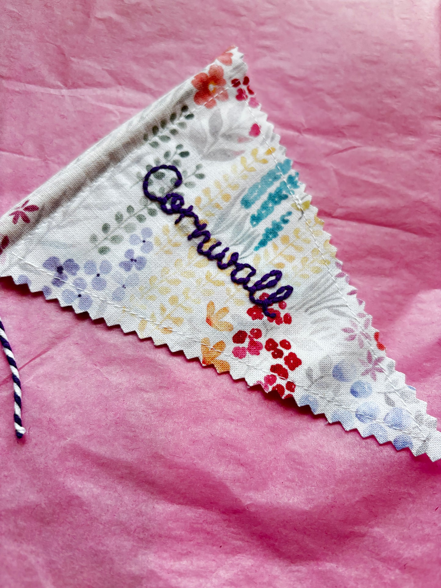 Handmade Embroidered Fowey & Cornwall Sandcastle Fabric Flags