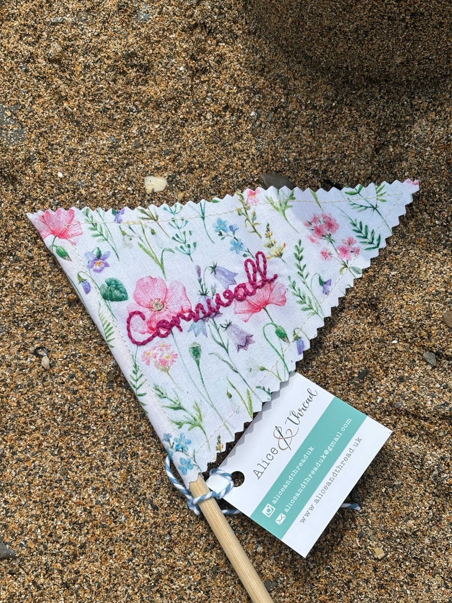 Handmade Embroidered Fowey & Cornwall Sandcastle Fabric Flags