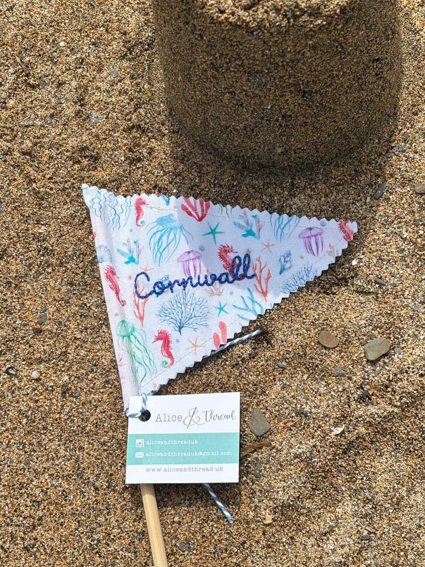 Handmade Embroidered Fowey & Cornwall Sandcastle Fabric Flags