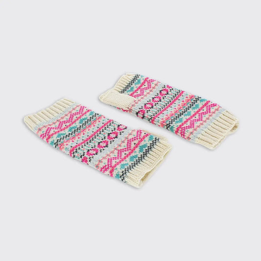 cream fair Isle fingerless gloves - pink teal geometric pattern hand knit wool wrist warmers thumb hole mitts