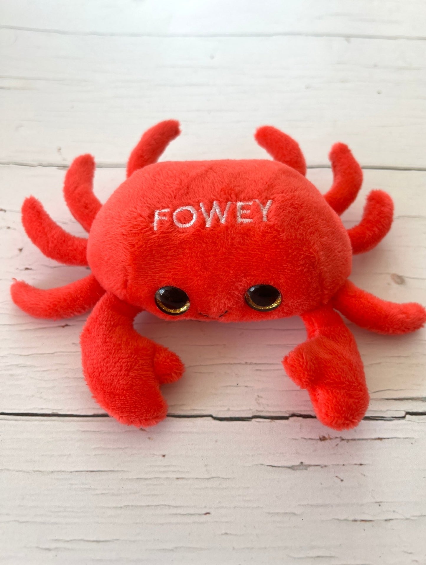 cuddly Fowey crab soft toy with big gold eyes red plush animal souvenir or nautical gift for children and beach lovers