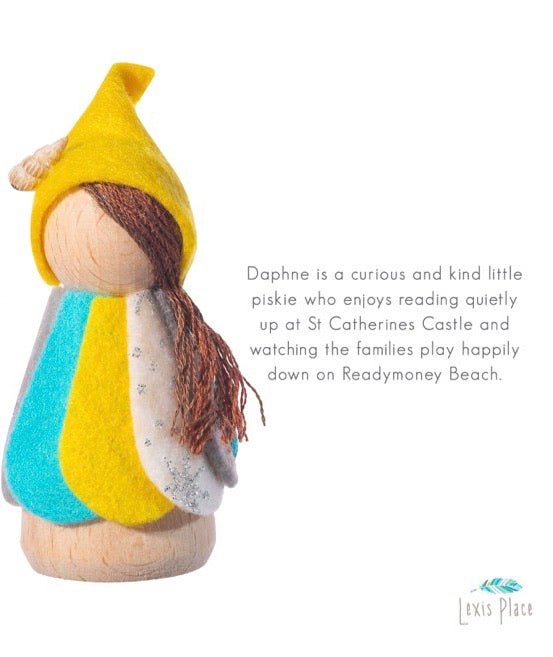 Daphne the Piskie story card Cornish fairy doll gift for kids describes a magical creature who loves reading by the sea