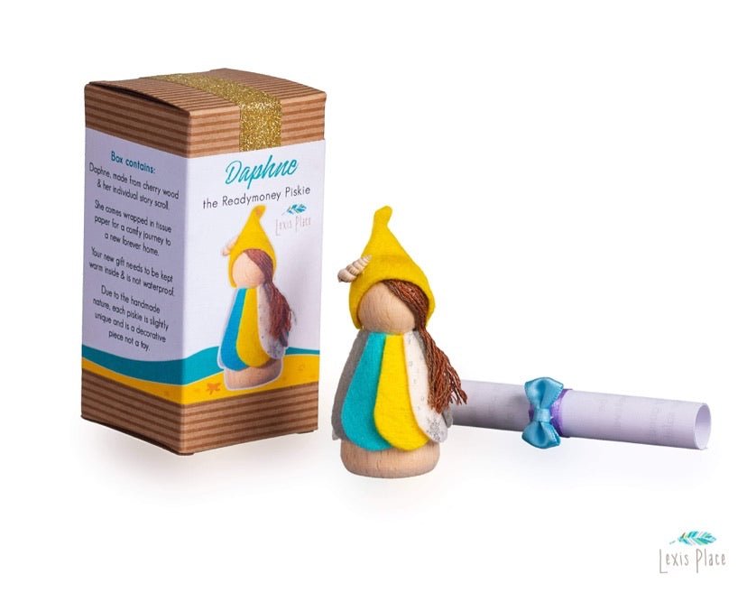 Daphne the Readymoney Piskie gift set handmade wooden doll with story scroll and box Cornish folklore decorative souvenir