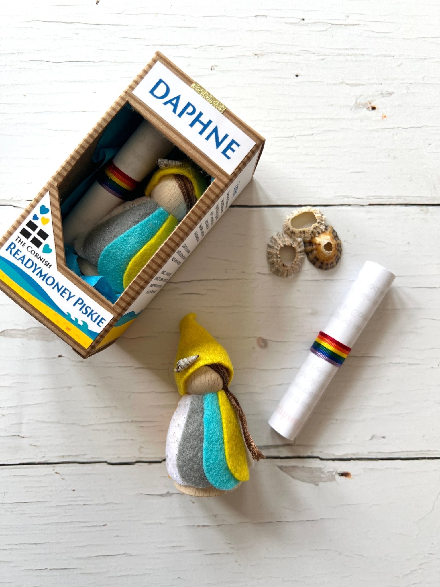 Daphne the Readymoney Piskie soft toy and gift box Cornish folklore souvenir or magical wooden doll for kids and collectors