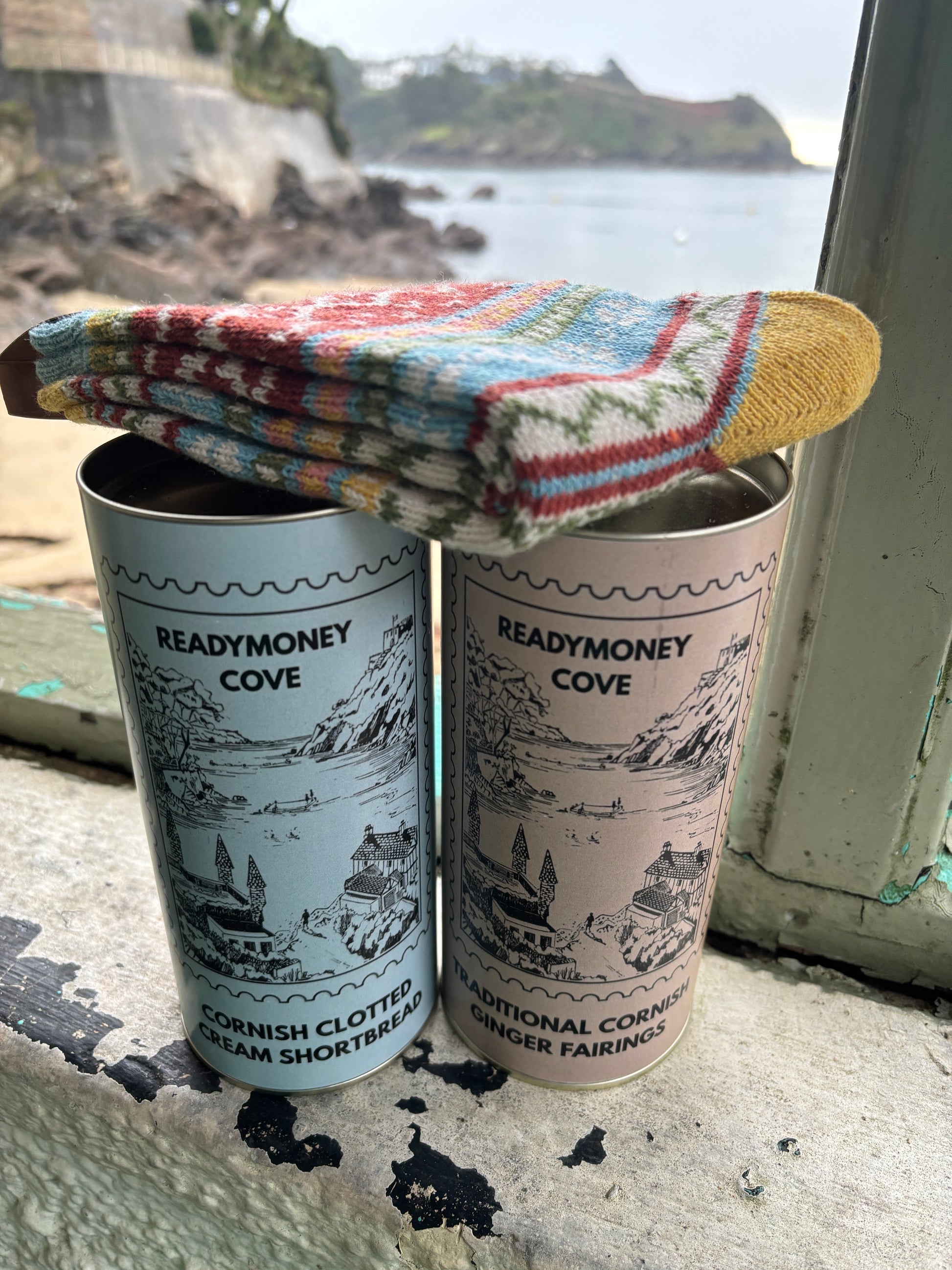 Cornish Shortbread and Ginger Fairings in Readymoney Cove tins cosy patterned socks set foodie holiday gift