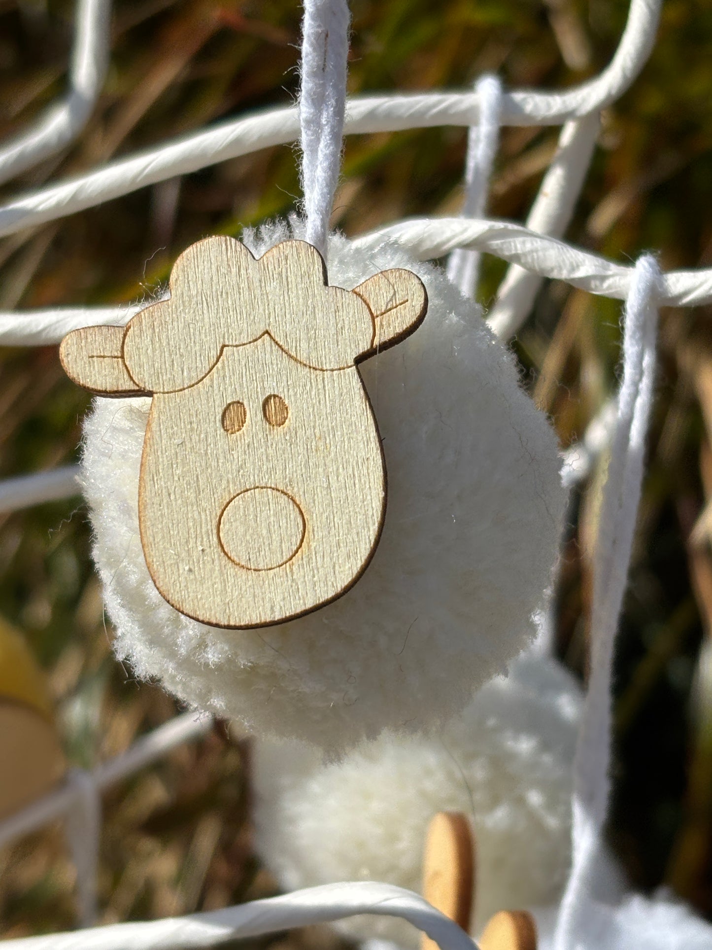 white pom pom easter lamb decoration with wooden sheep face - fluffy spring hanging tree ornament