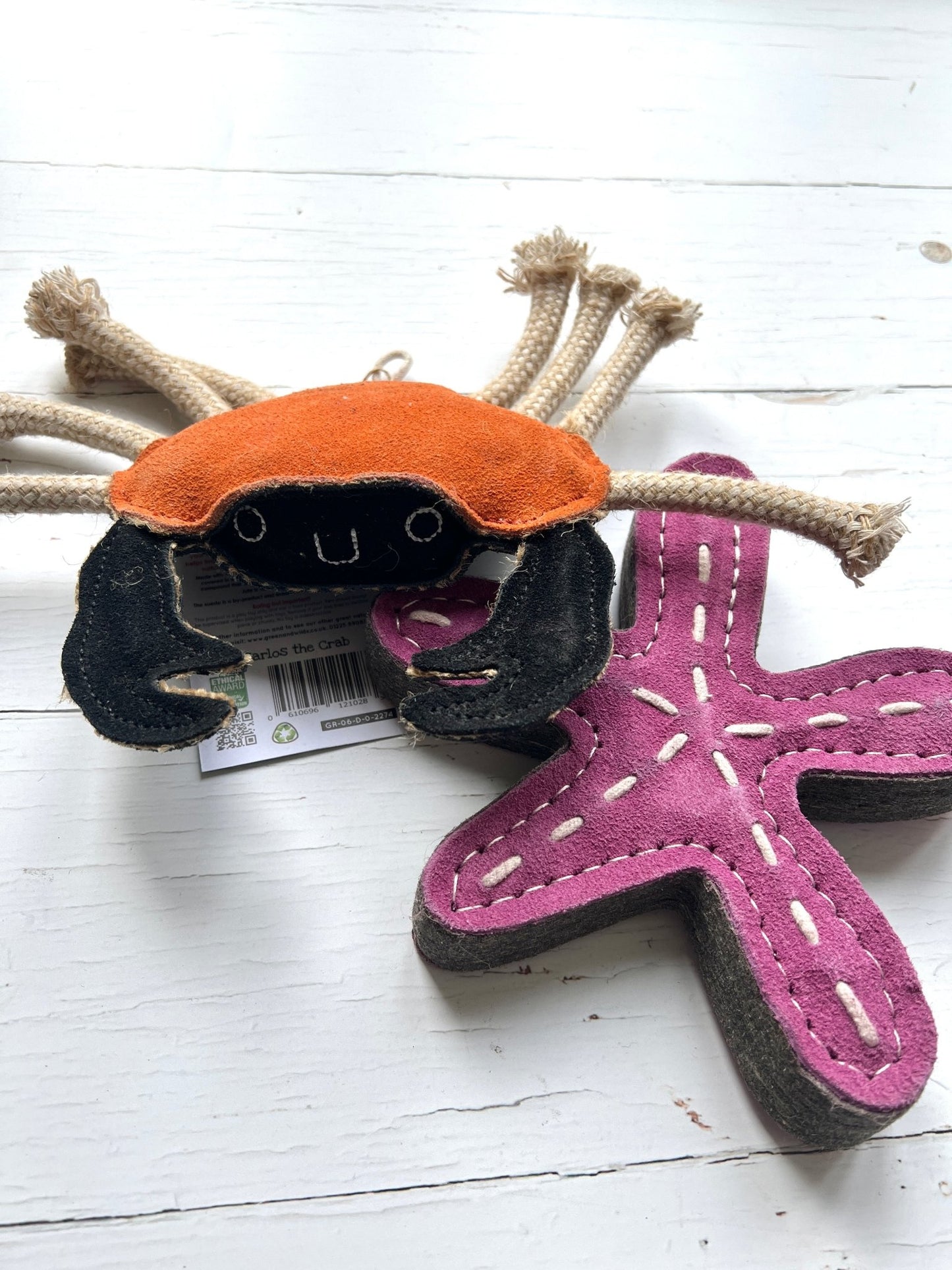 handmade felt eco dog toys - cute crab with rope legs and pink starfish, sustainable ocean-themed pet toys