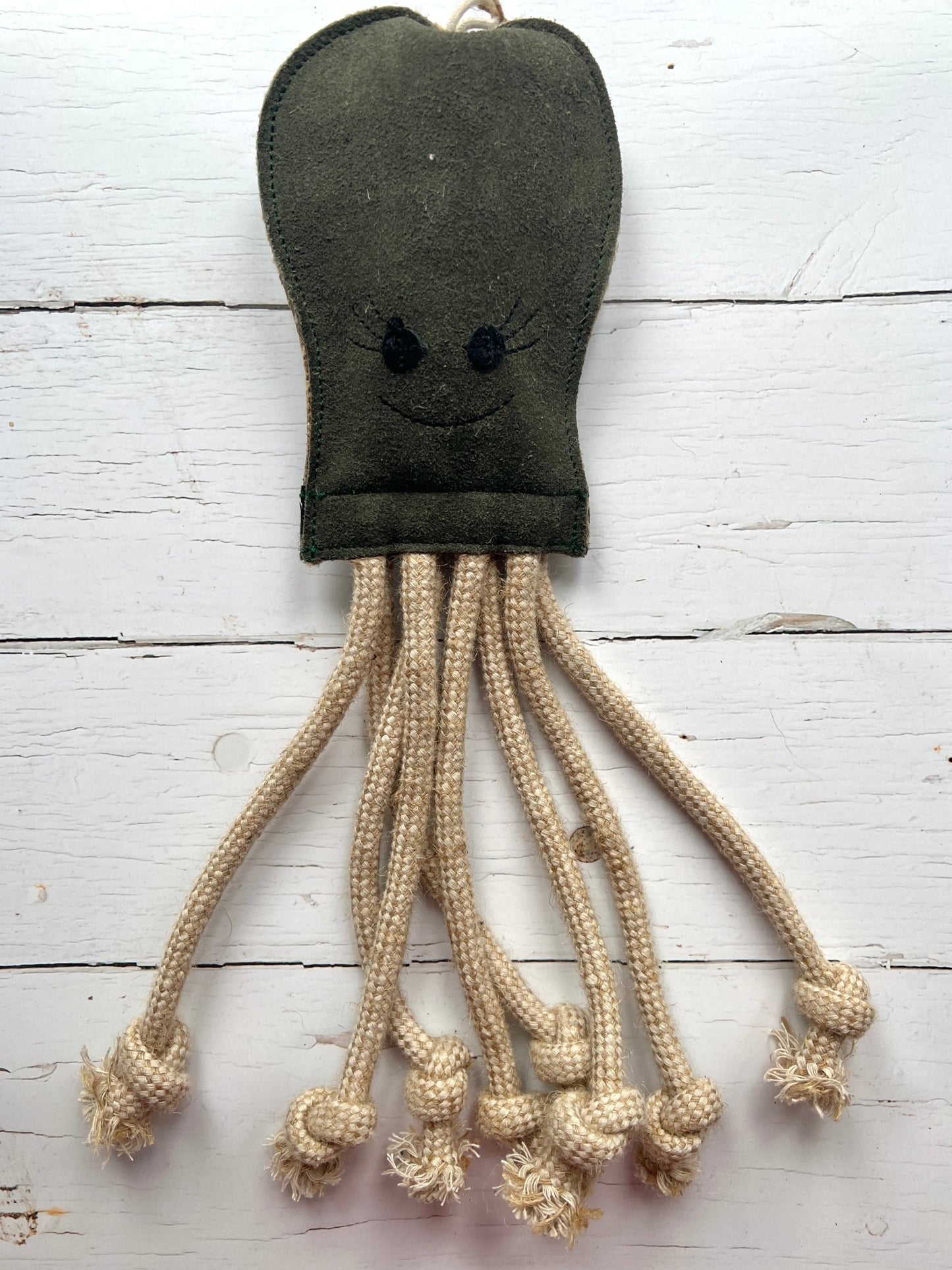 eco-friendly octopus dog toy in olive green felt with natural rope legs - sustainable handcrafted pet chew toy