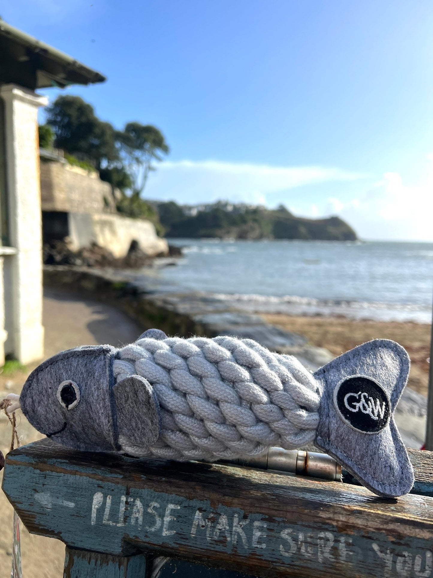 grey rope fish eco dog toy on driftwood by ocean - braided sustainable pet chew toy with coastal backdrop