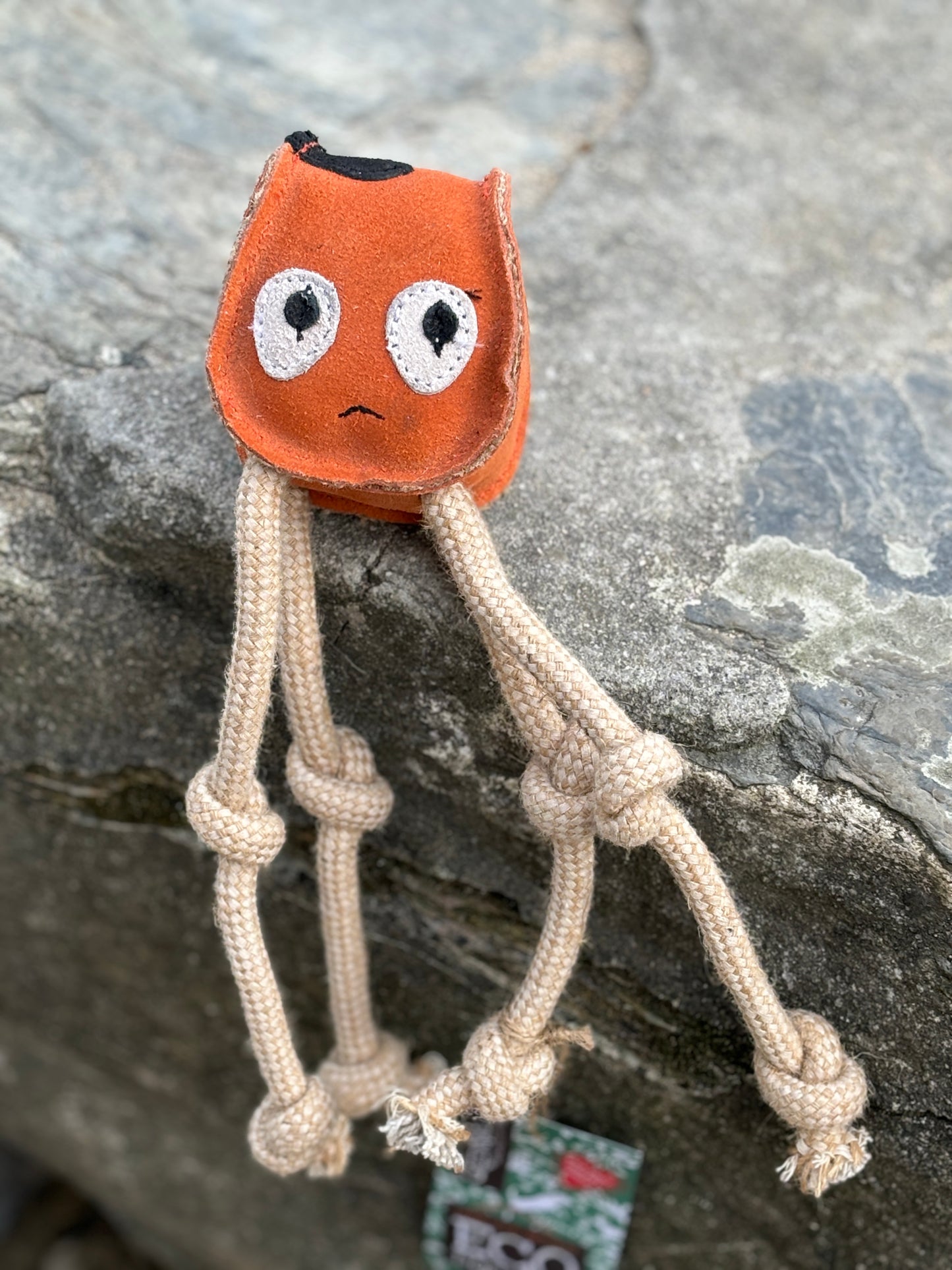orange felt squid eco dog toy with rope tentacles and big eyes - handmade sustainable ocean pet chew toy