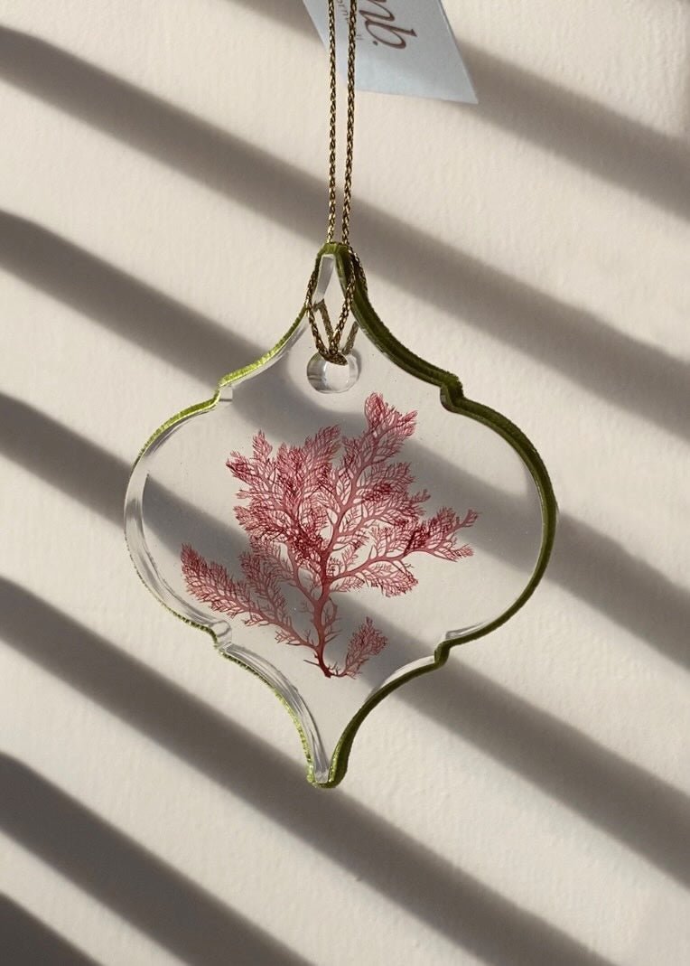 luxury eco-resin seaweed bauble with real pressed seaweed, handmade coastal Christmas decoration, sustainable ocean-inspired ornament