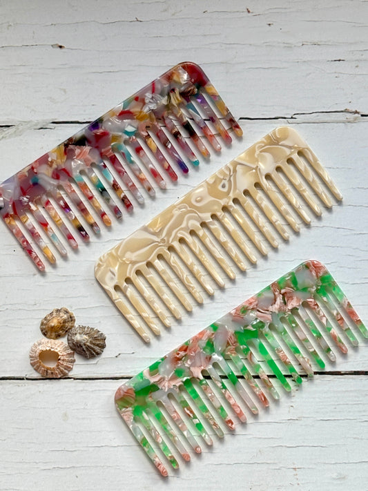 eco resin pocket comb – handcrafted trio in multicolor, neutral, and green-pink marble for sustainable, stylish detangling