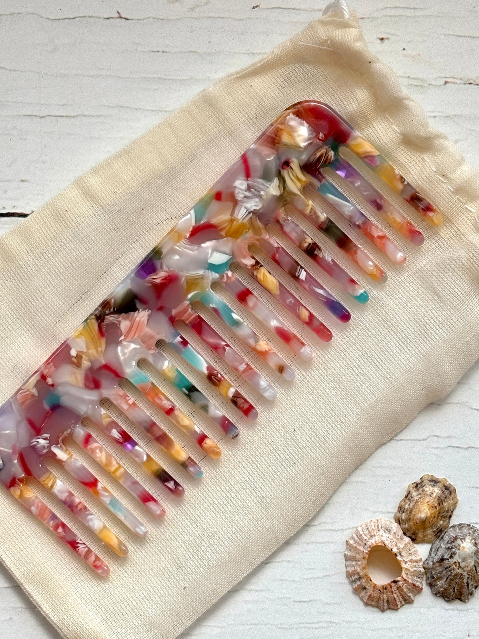 eco resin pocket comb – multicolor marble detangler with wide teeth, handcrafted for sustainable, beachy styling