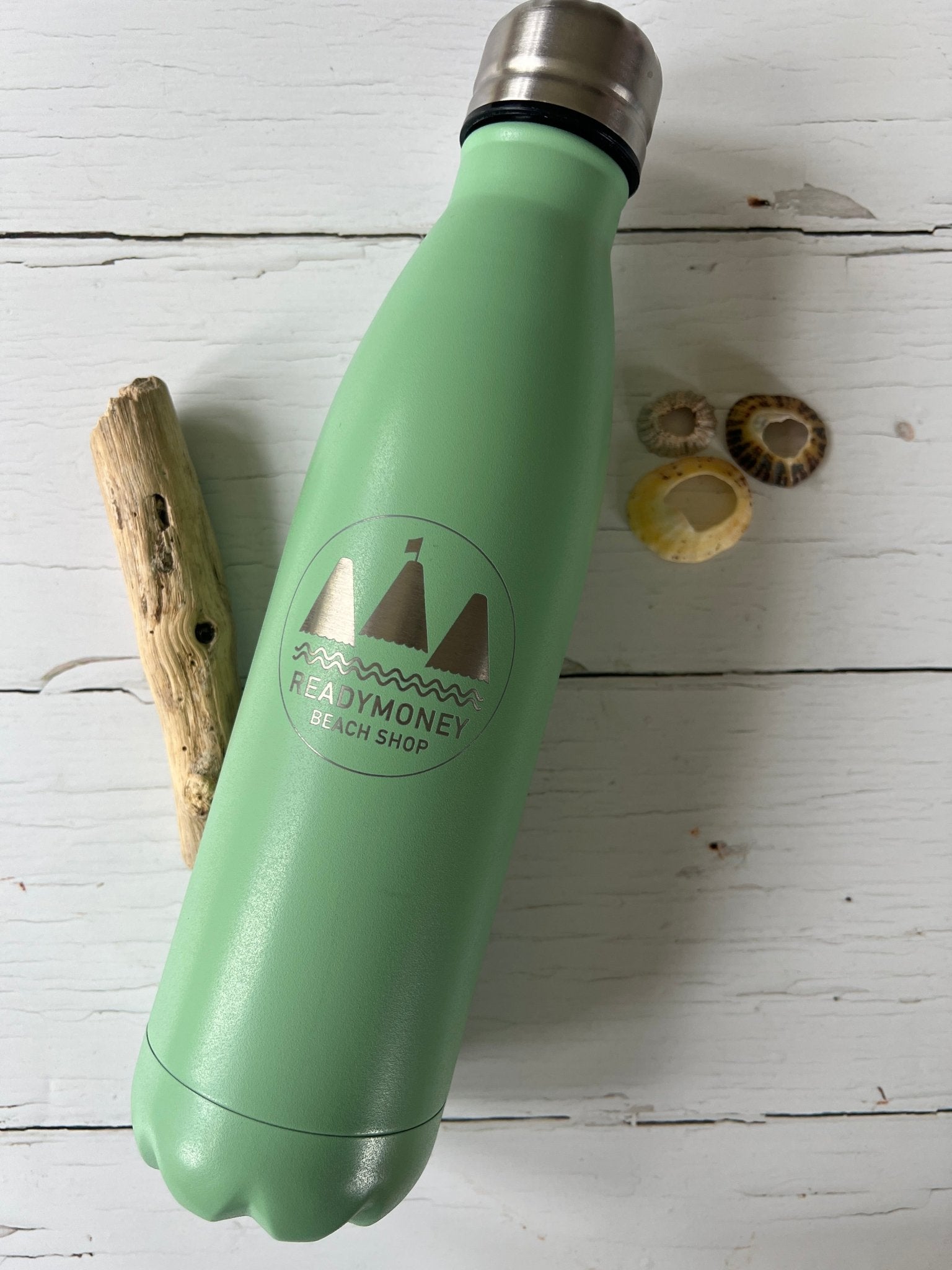 green Readymoney beach shop engraved insulated water bottle with sailboat logo - reusable stainless steel