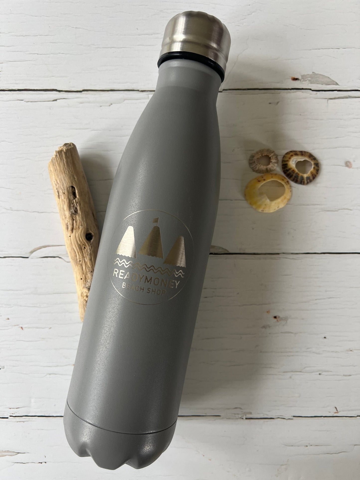 grey Readymoney beach shop engraved water bottle with white sailboat logo - sustainable insulated drinkware