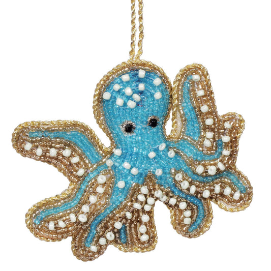 Beaded Blue & Gold Octopus Hanging Decoration