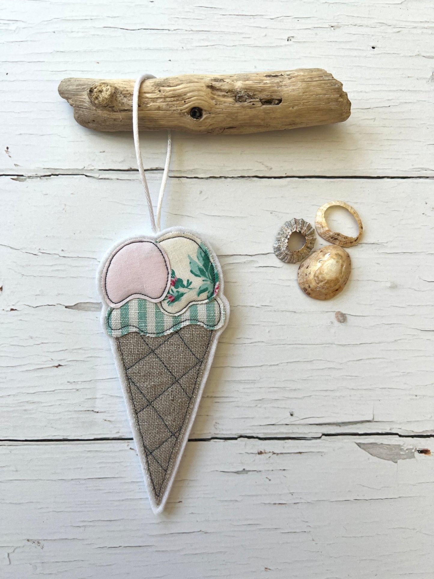 fabric ice cream cone ornament, embroidered dessert decoration, coastal beach charm, handmade hanging decor, summer style gift