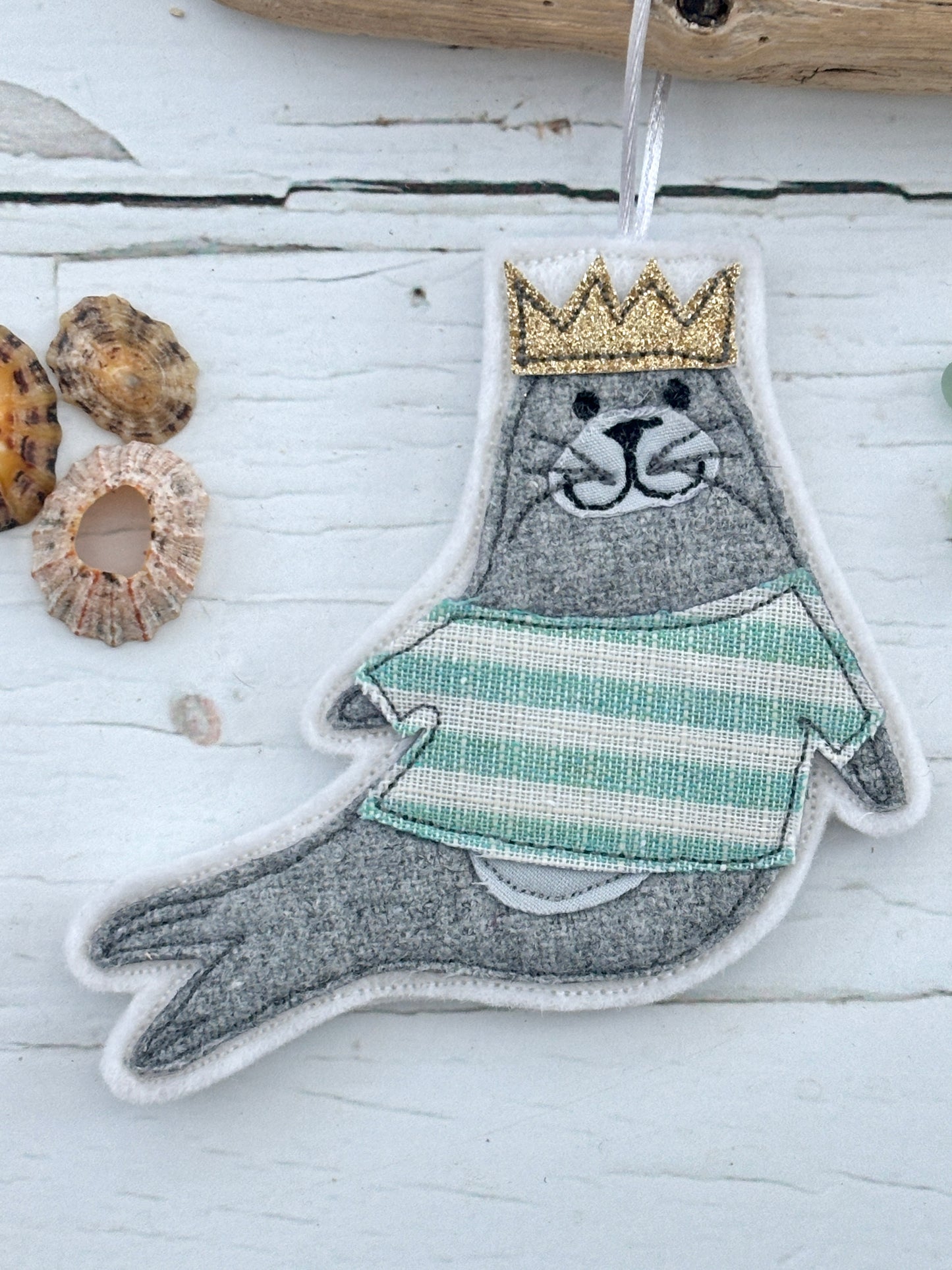 felt seal king ornament with glitter crown, nautical striped fabric charm, handcrafted ocean animal decor, coastal nursery