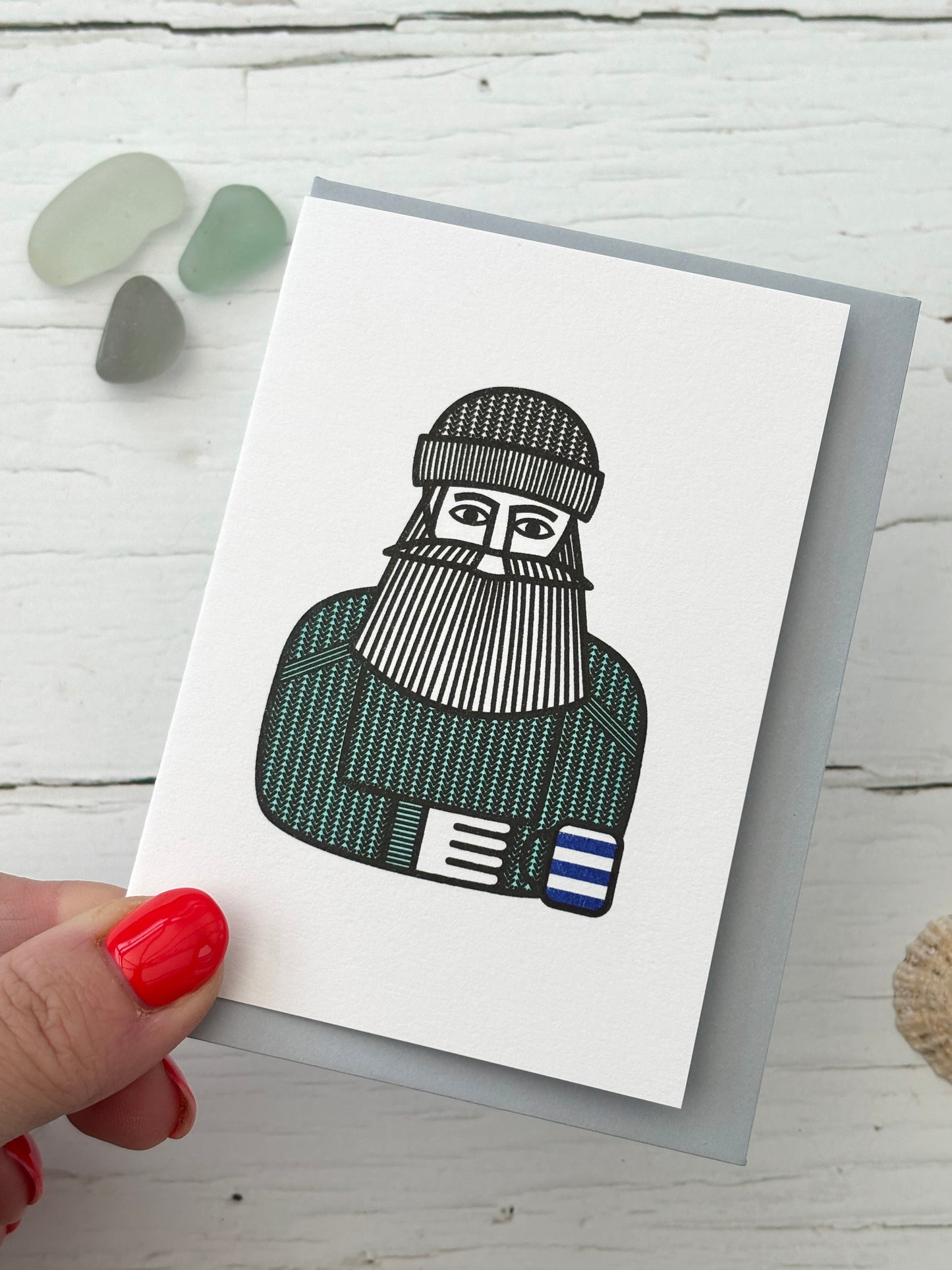 illustrated fisherman greeting card, bearded sailor with coffee cup, nautical coastal design, quirky maritime stationery