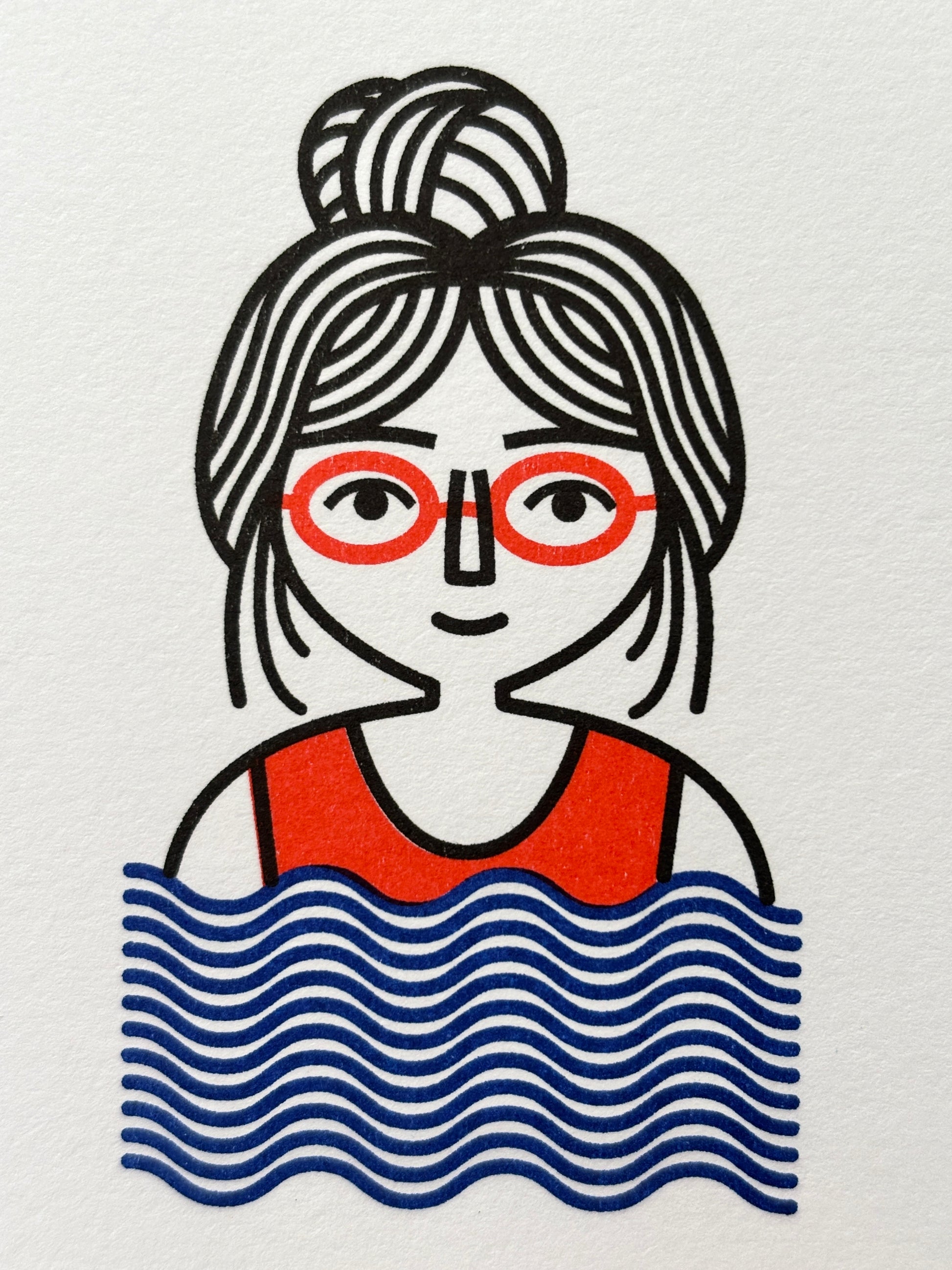 hand-drawn swimmer portrait, woman in red glasses orange suit, blue wave pattern, minimalist beach illustration art