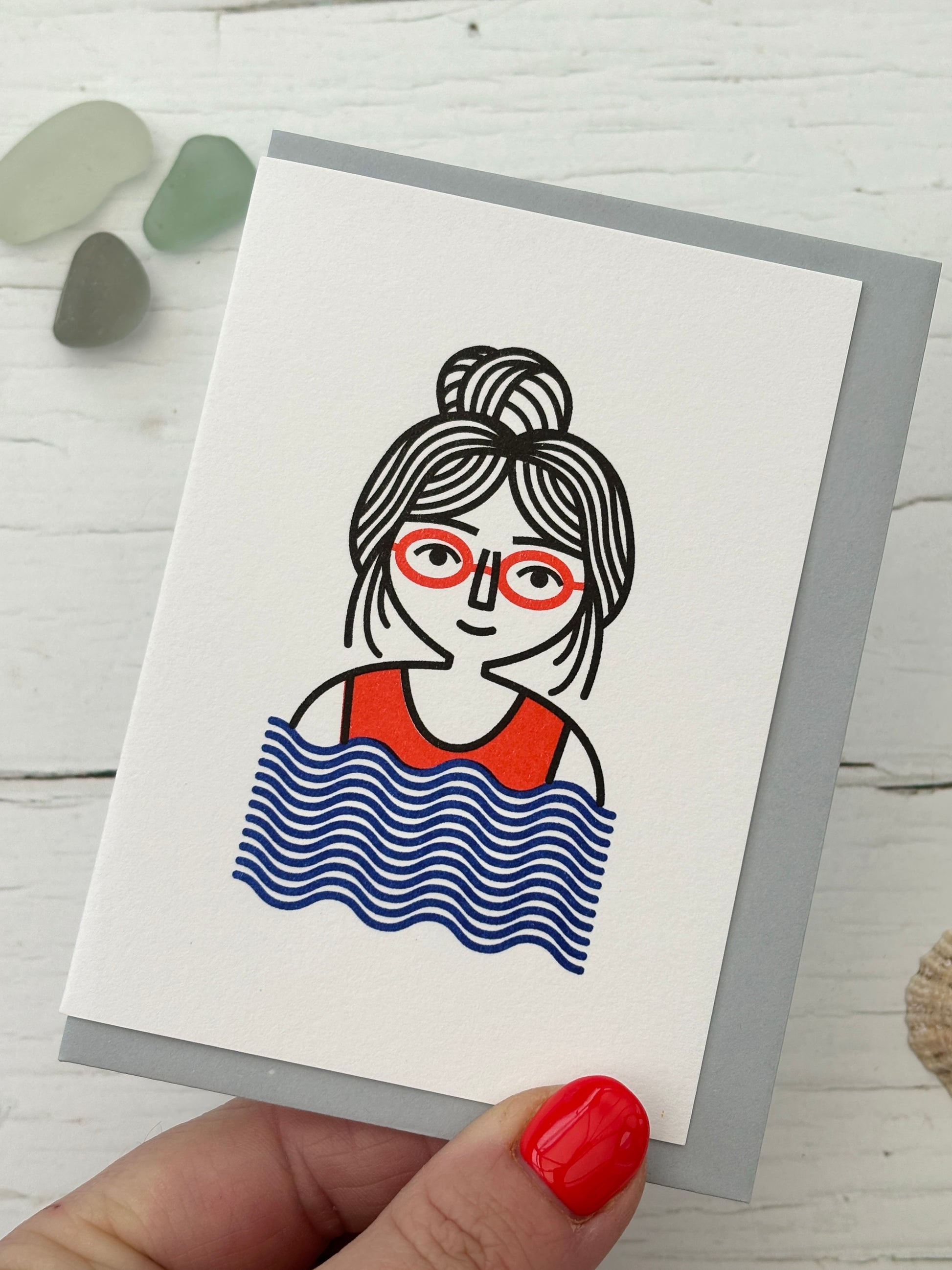 illustrated swimmer greeting card, woman with glasses red swimsuit, nautical wave design, coastal beach stationery gift