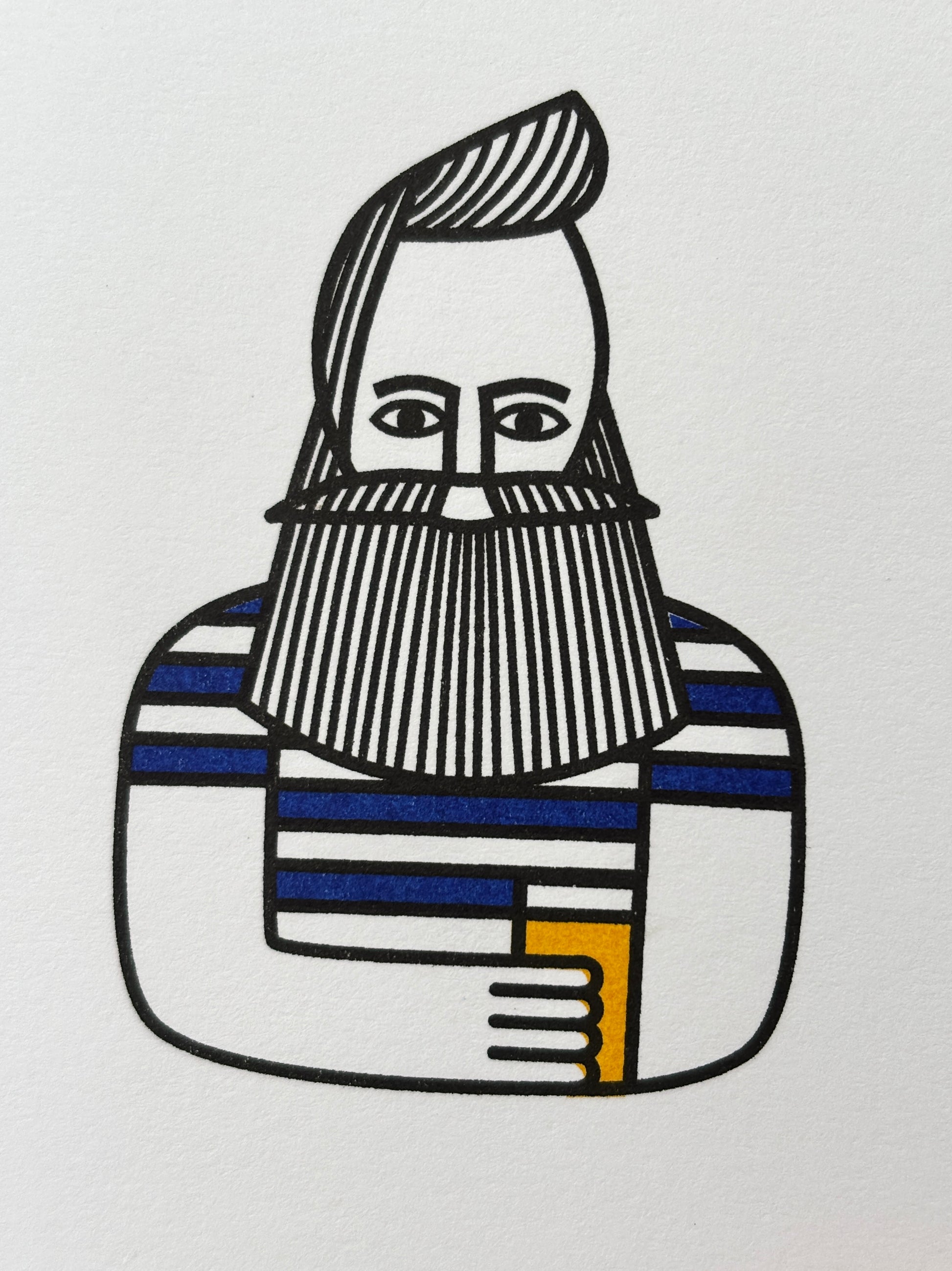 line art bearded man portrait, navy striped top mustard detail, minimalist sailor graphic, contemporary coastal illustration