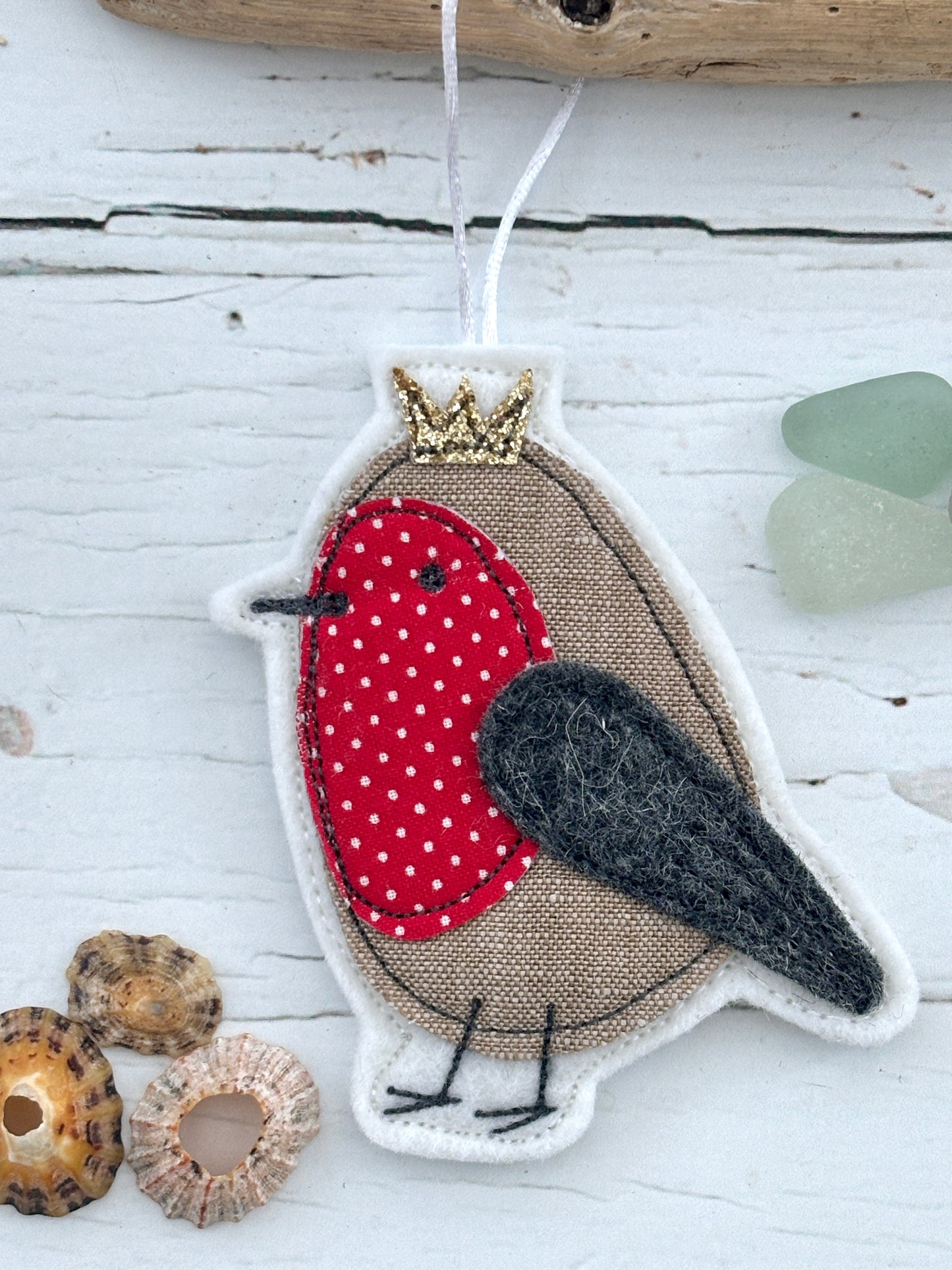 Christmas robin ornament with crown, coastal holiday decoration, seashells driftwood display, festive bird fabric charm