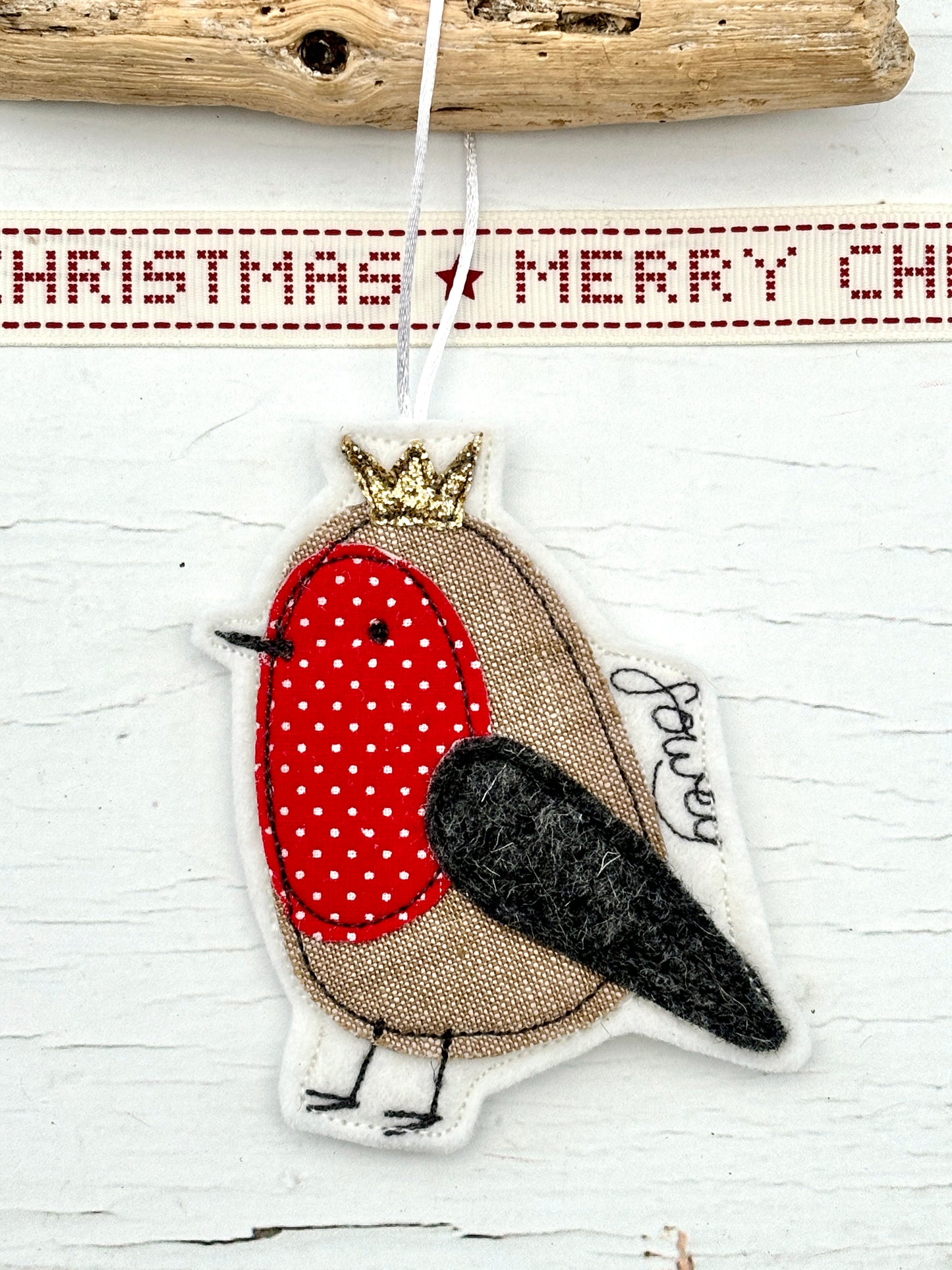 fabric robin ornament with gold crown, red polka dot breast, handmade Christmas decoration, festive bird hanging charm
