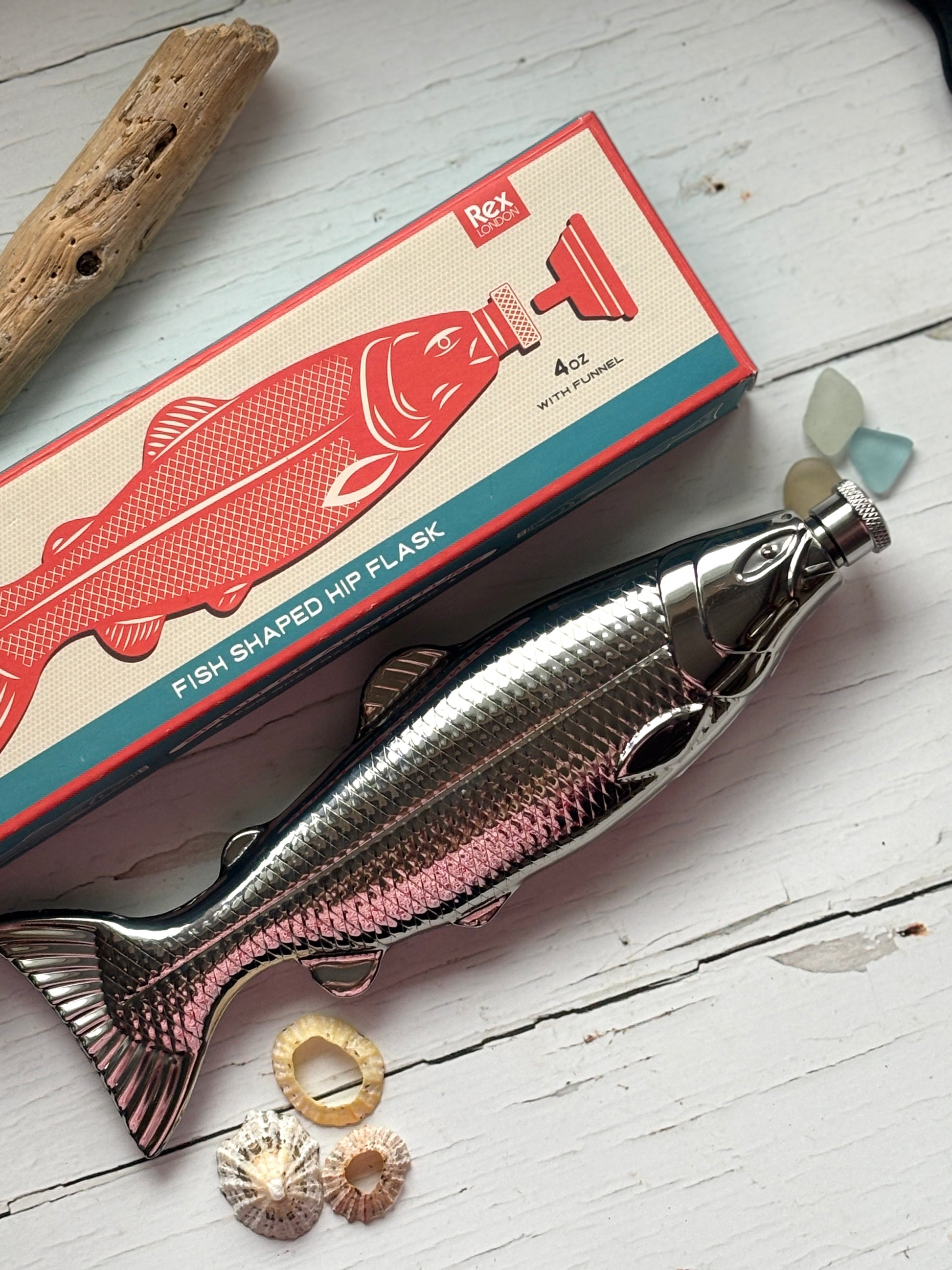 fish-shaped stainless steel hip flask with vintage packaging, 4oz novelty liquor bottle, nautical gift with funnel