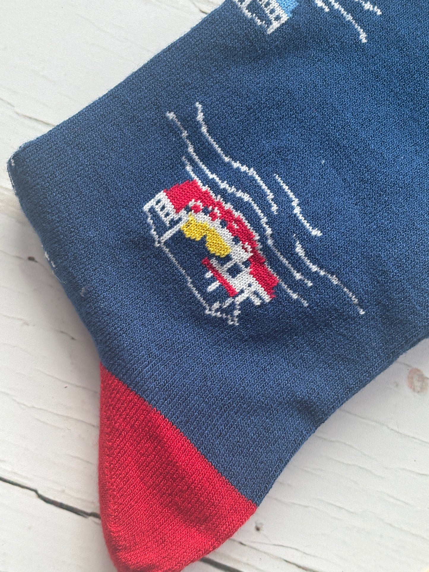 men’s nautical socks with red toe and fishing boat design—coastal-themed, bold, and perfect for ocean lovers or casual wear