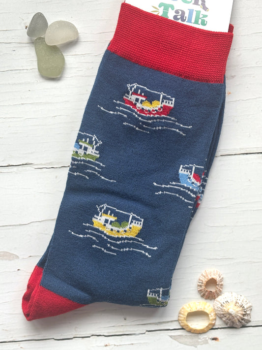 fishing boat men’s socks—vibrant boat and wave print on navy bamboo fabric with red accents, perfect for nautical gifting and style