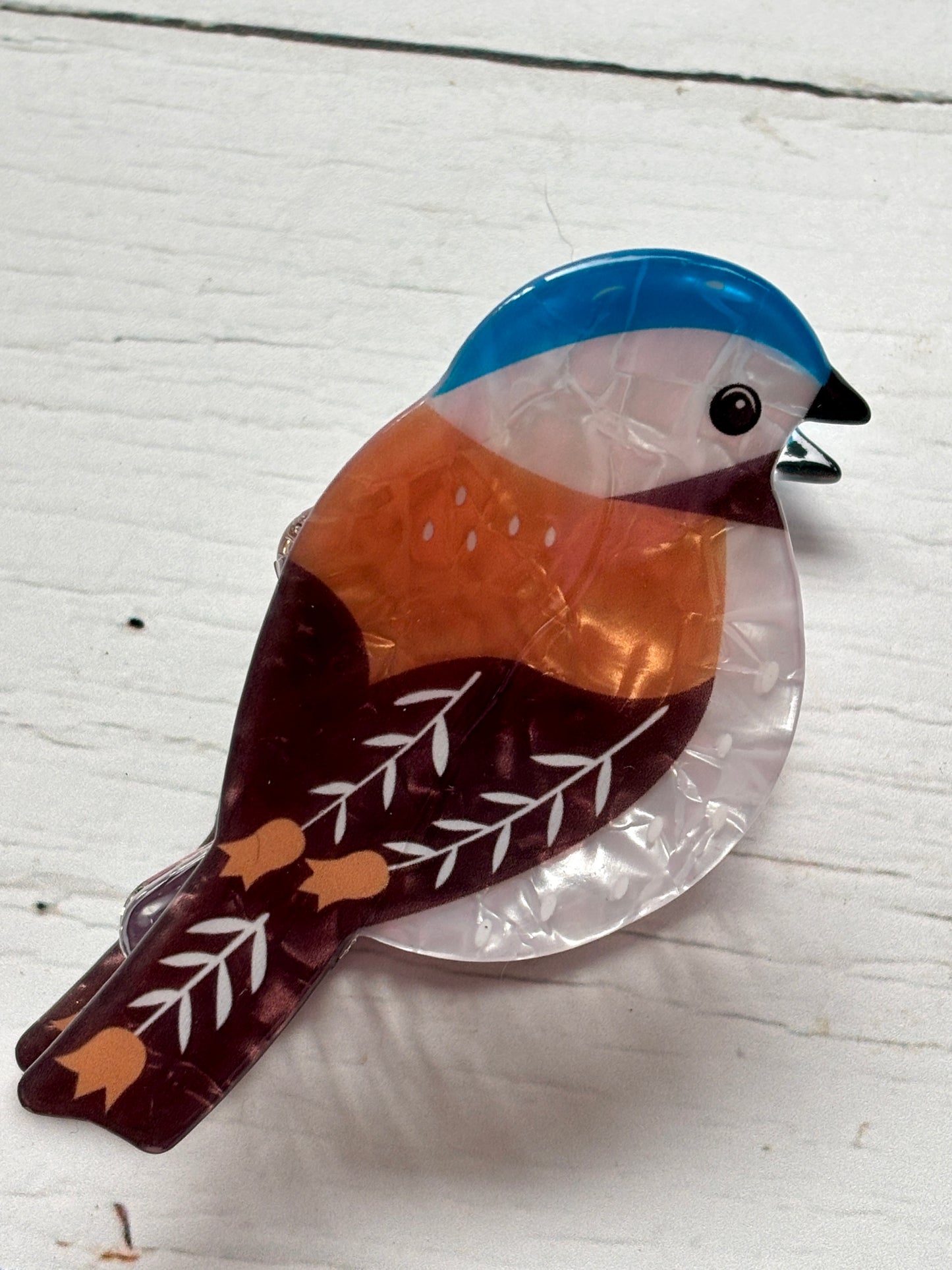 vibrant bluebird-shaped hair claw clip made of acrylic floral garden bird design, unique hair accessory, spring