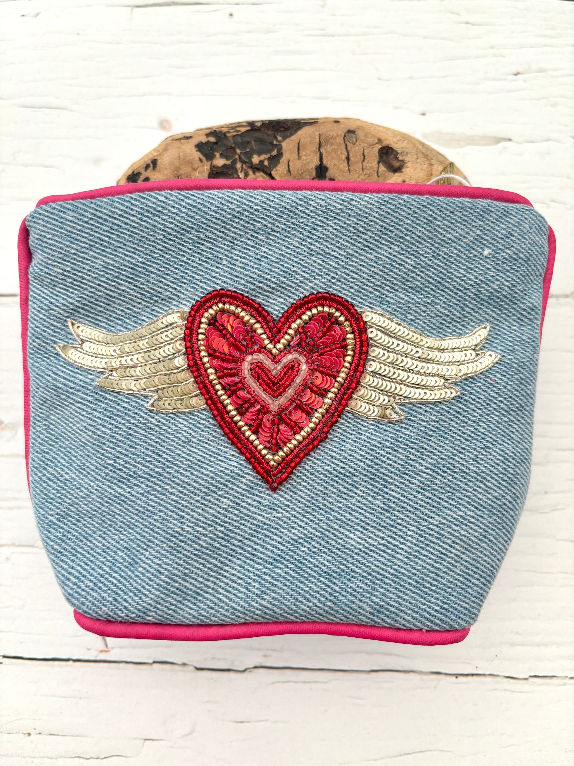 flying heart beaded sequin denim zipped pouch