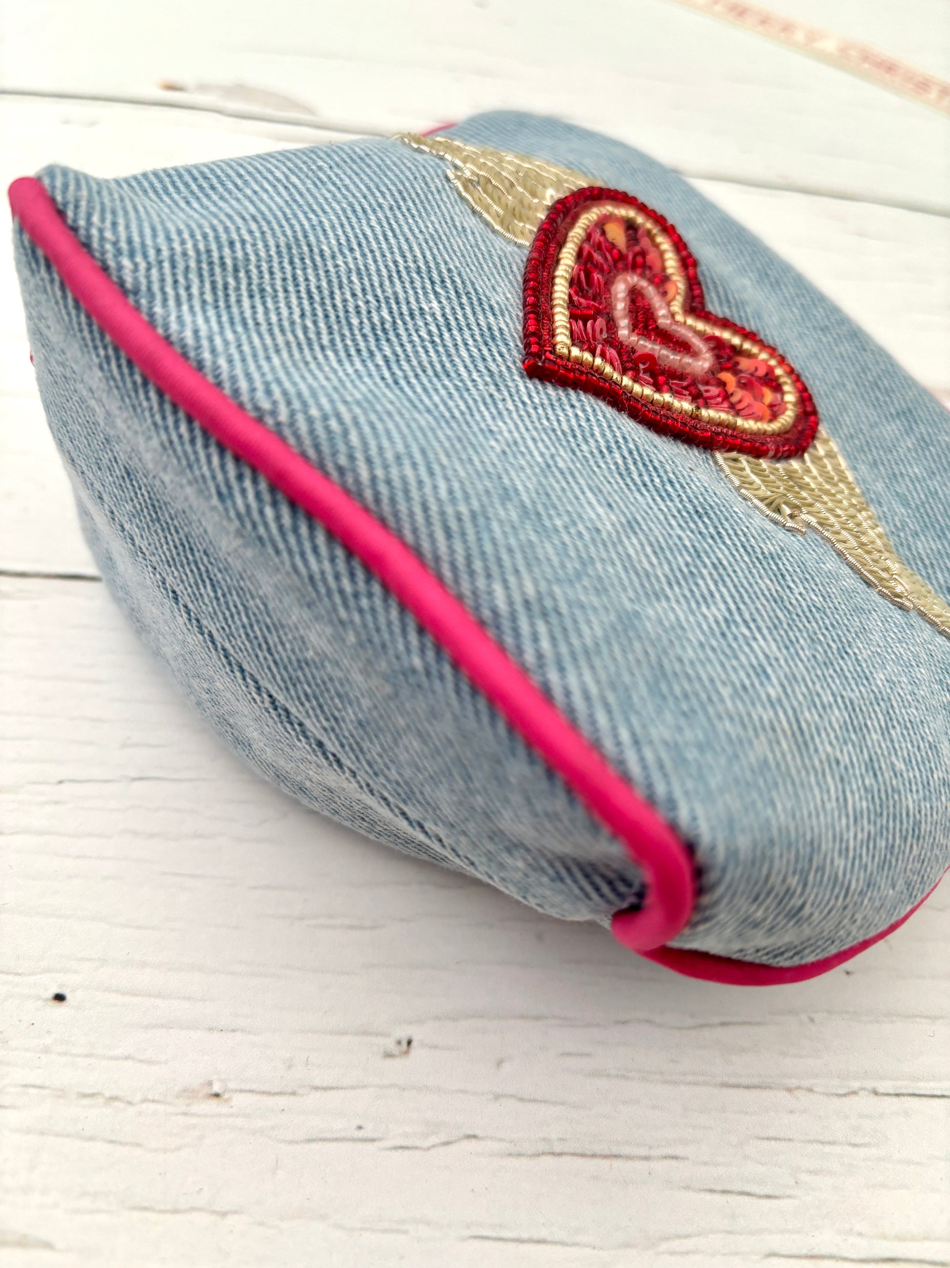 flying heart beaded sequin denim zipped pouch base