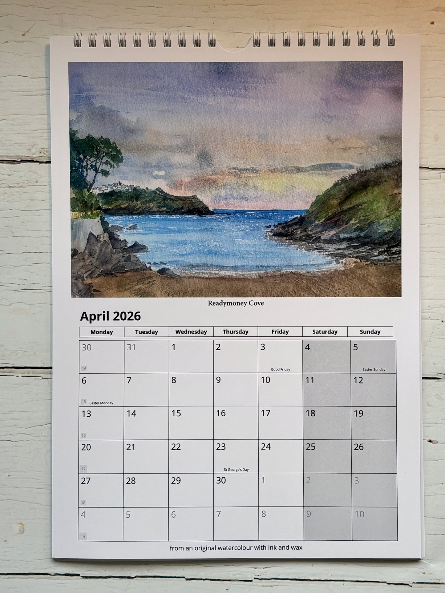 Readymoney Cove watercolor calendar page April 2026, Cornwall coastal scene, dated monthly calendar, Sue Eng artwork