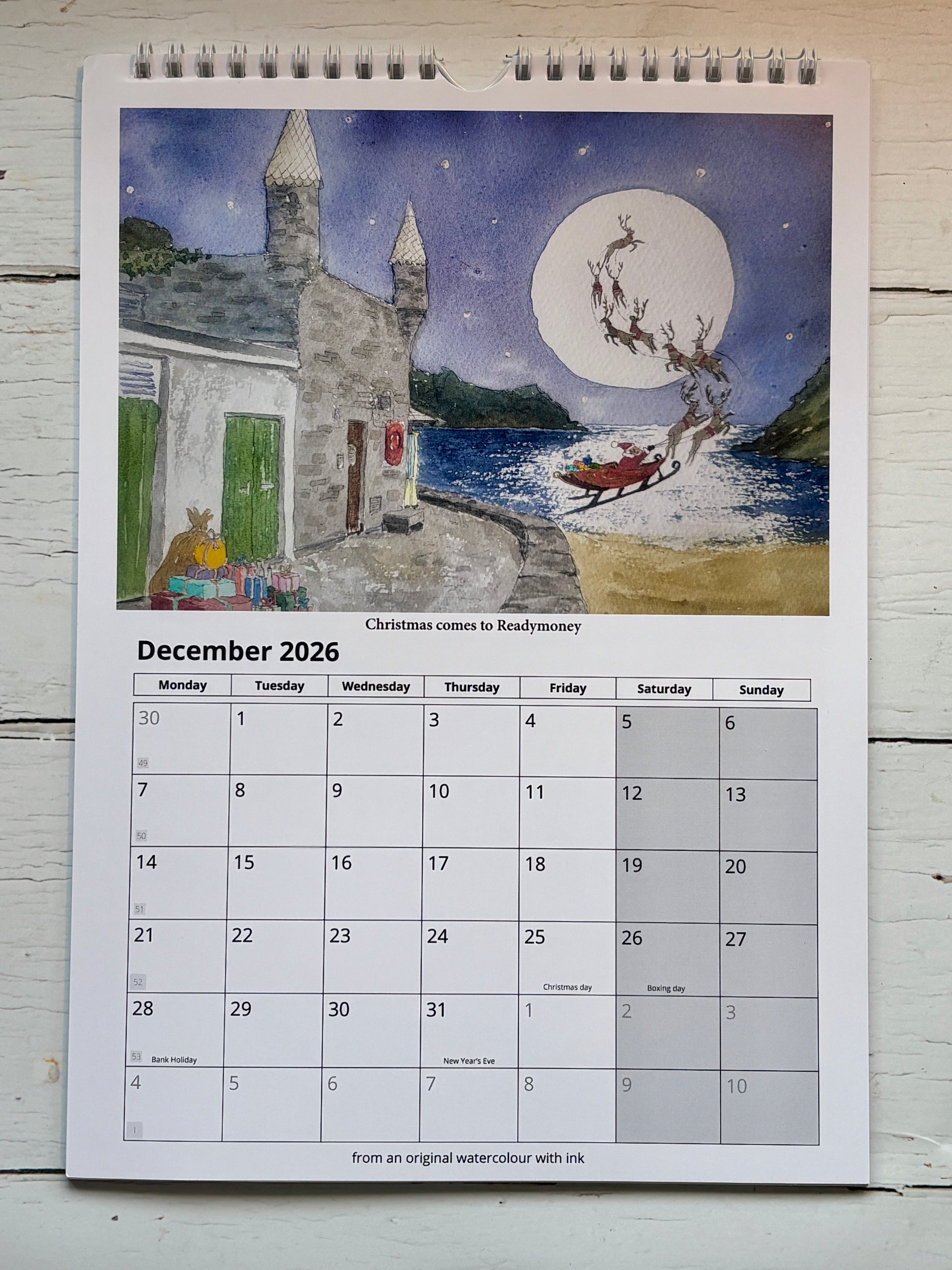 Christmas Readymoney Cove watercolor December 2026, Santa reindeer coastal scene calendar, festive Cornwall wall art