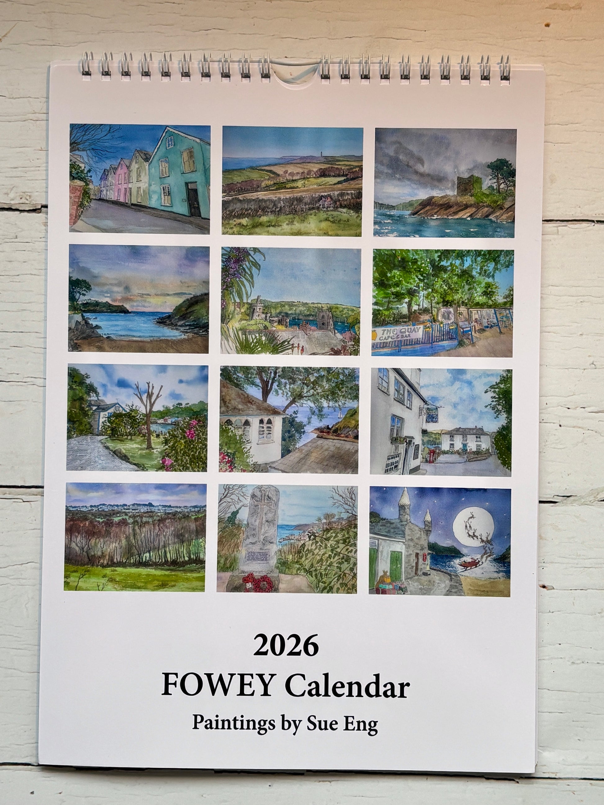 Fowey Cornwall 2026 calendar, watercolor coastal town illustrations, spiral-bound Sue Eng art prints, scenic calendar gift