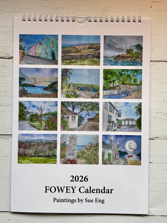 Fowey Cornwall 2026 calendar, watercolor coastal town illustrations, spiral-bound Sue Eng art prints, scenic calendar gift