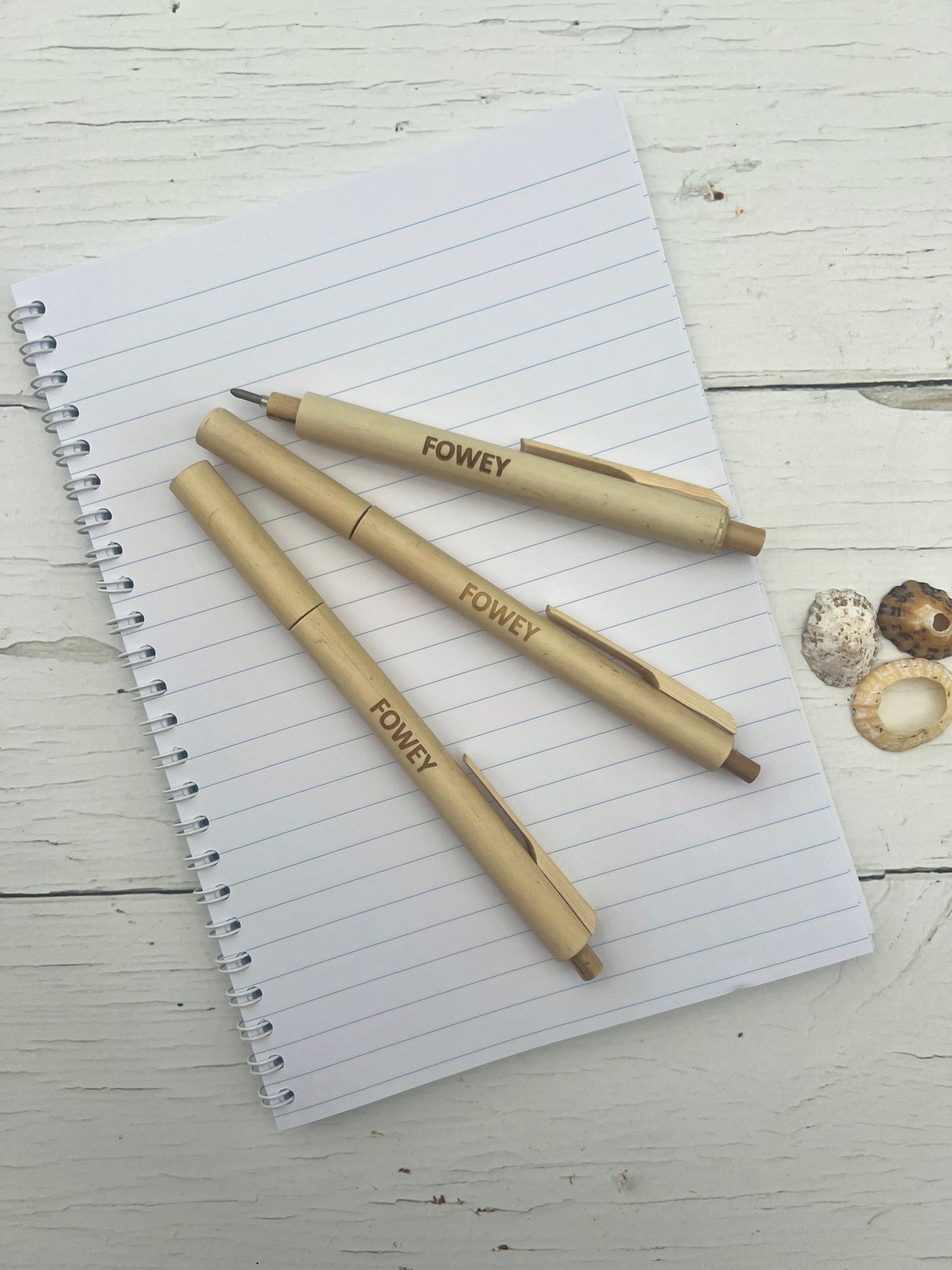 Fowey bamboo eco ballpoint pens, sustainable wooden writing instruments, engraved Cornwall stationery, eco-friendly gift