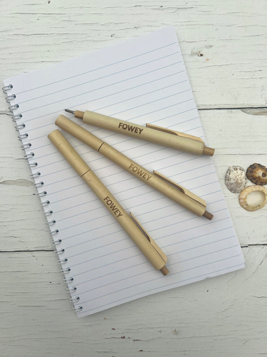 Fowey bamboo eco ballpoint pens, sustainable wooden writing instruments, engraved Cornwall stationery, eco-friendly gift