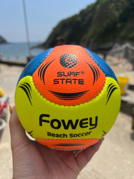 Fowey beach football bright orange, blue, and yellow surf state ball durable waterproof beach soccer for outdoor fun and Cornwall souvenir