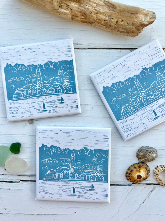 Fowey Blue & White Lino Print Magnet - Readymoney Beach Shop