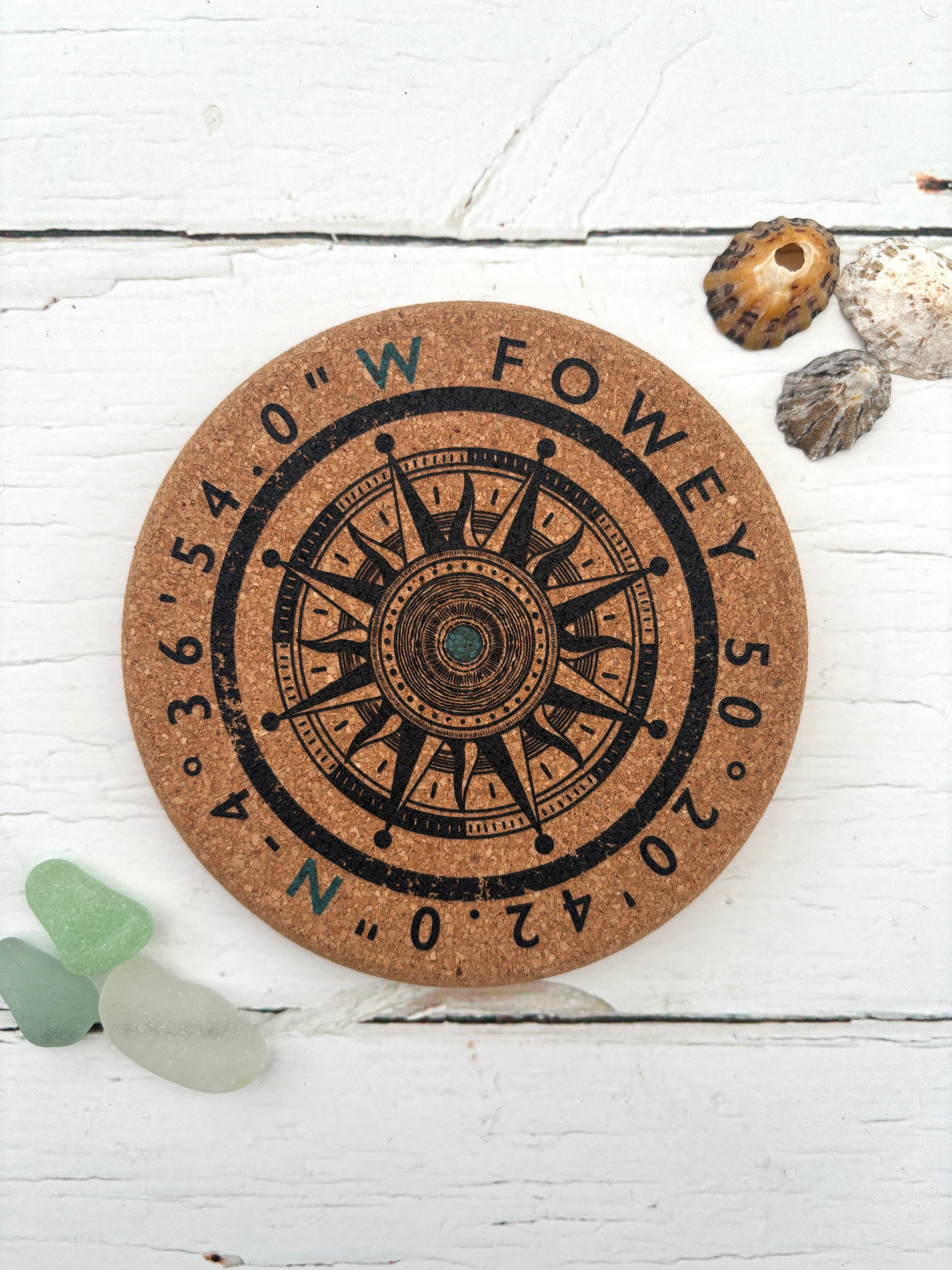 Fowey compass cork coaster nautical engraved design with coordinates Cornwall souvenir, durable natural cork coaster for home decor