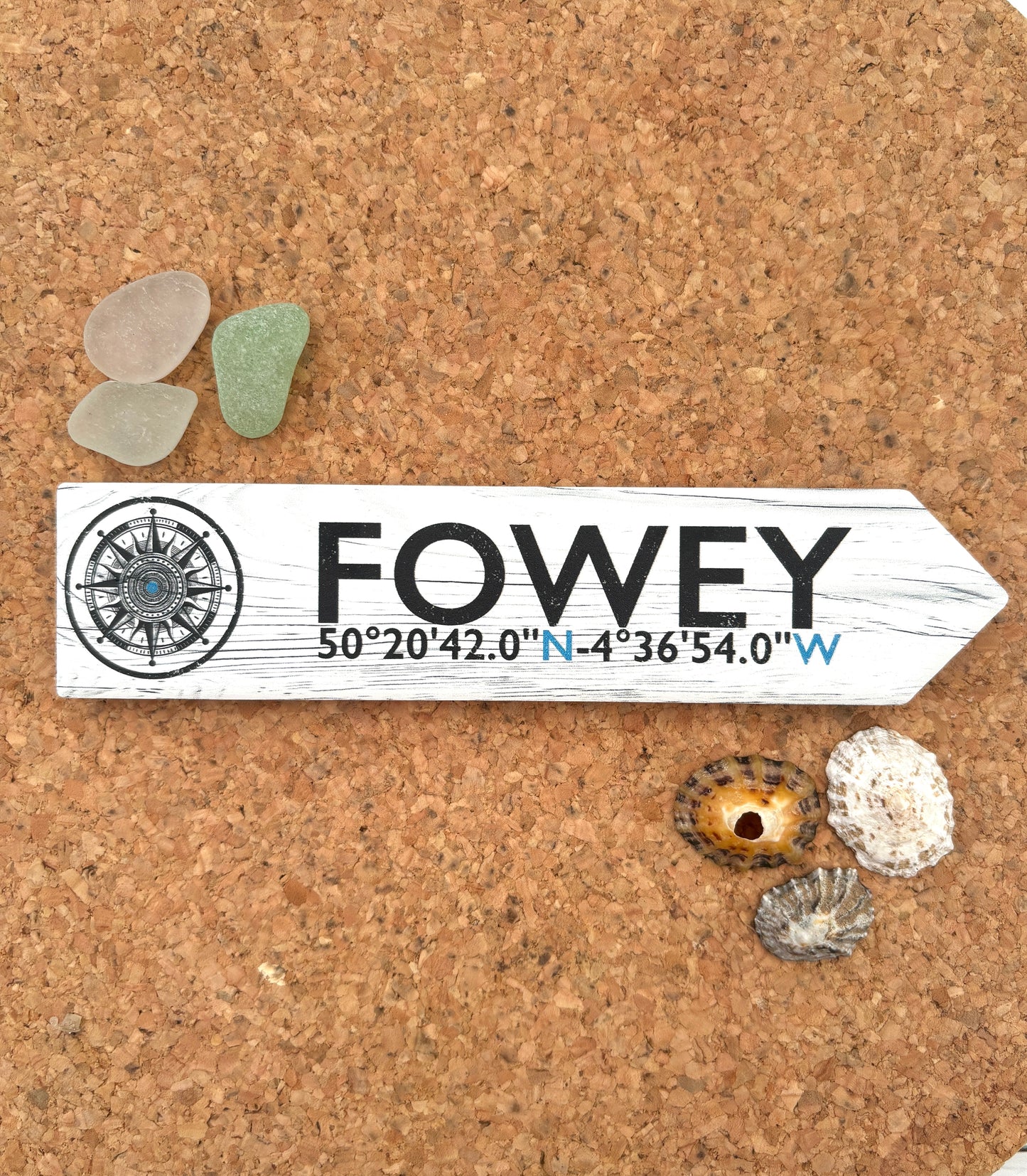 Fowey arrow fridge magnet white wooden style with nautical compass and coordinates Cornwall souvenir, coastal home decor magnet