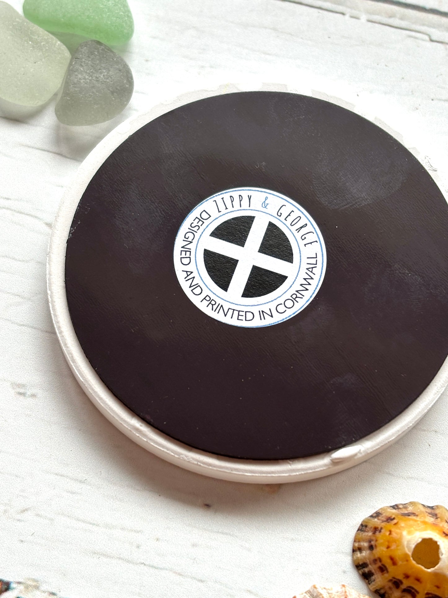 Fowey magnet reverse designed & printed in Cornwall sticker by Zippy & George UK-made round ceramic souvenir with full magnetic back