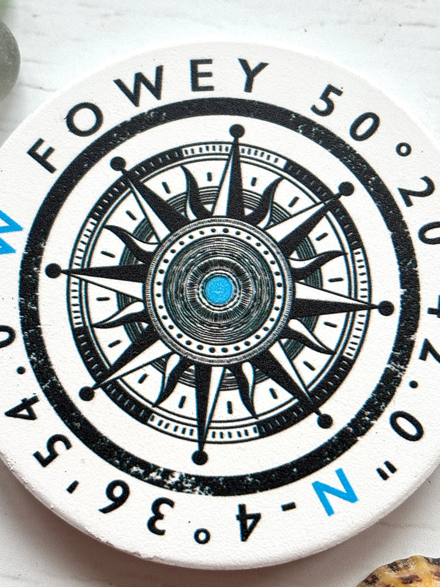 Fowey compass magnet detailed vintage compass rose and coordinates on round ceramic magnet nautical souvenir for fridge decor